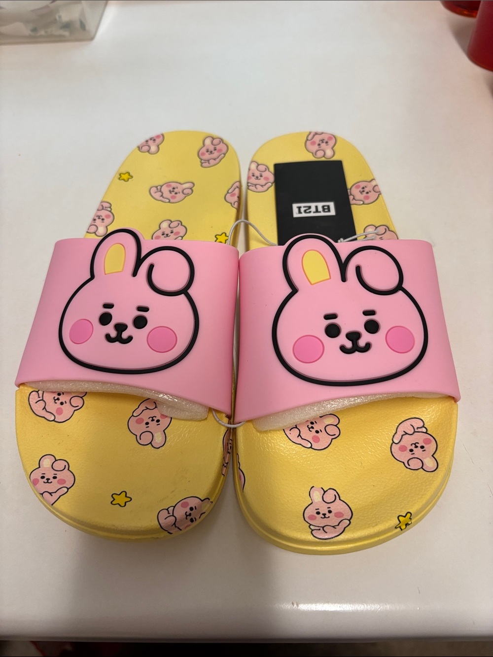 Adults  Pink & Yellow Bunny Slide Sandals BT21
